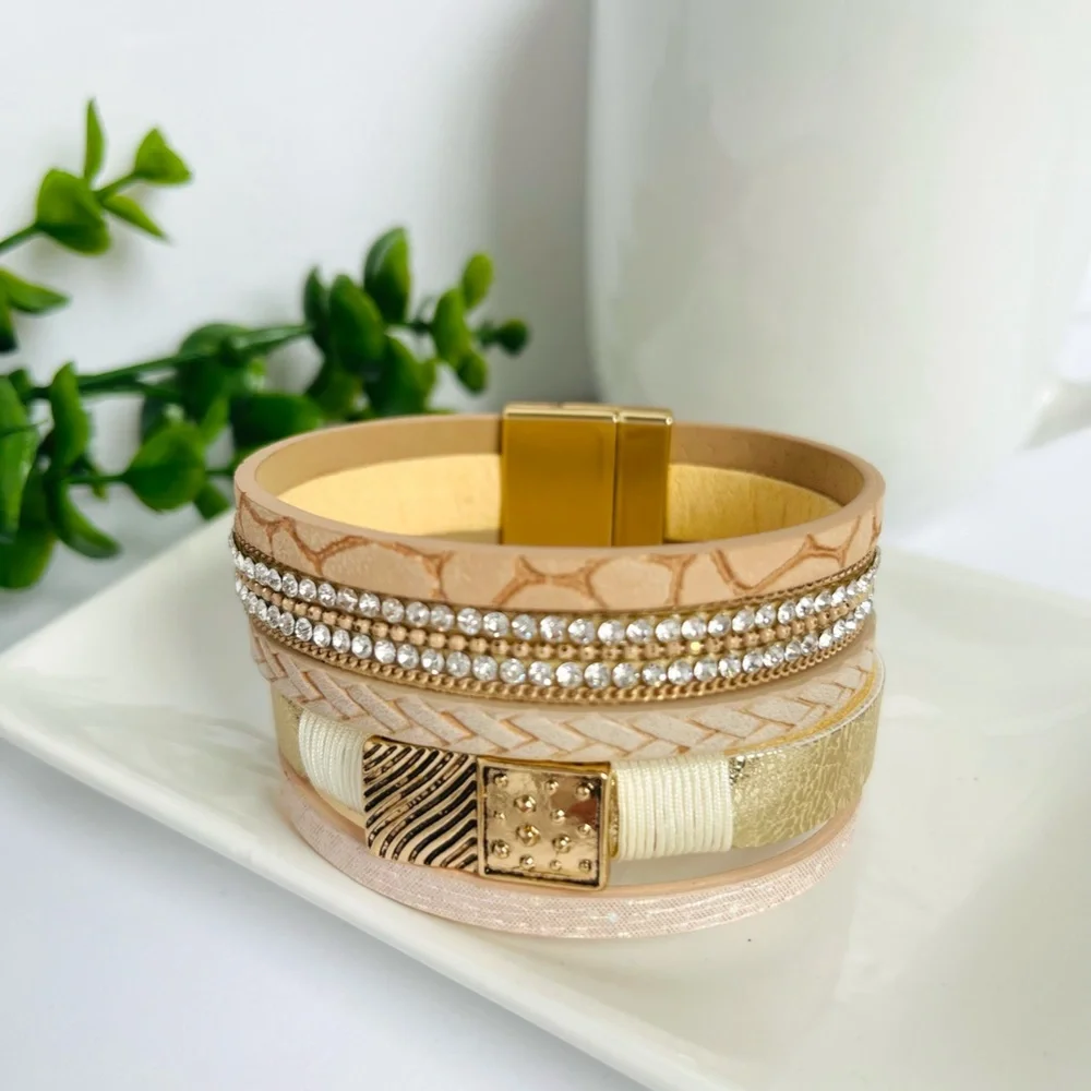 Leather Wrap Rhinestone Bracelet